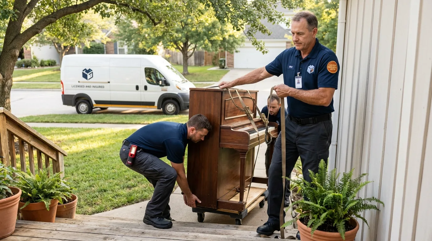 Licensed piano movers securing grand piano in Lynnfield, MA