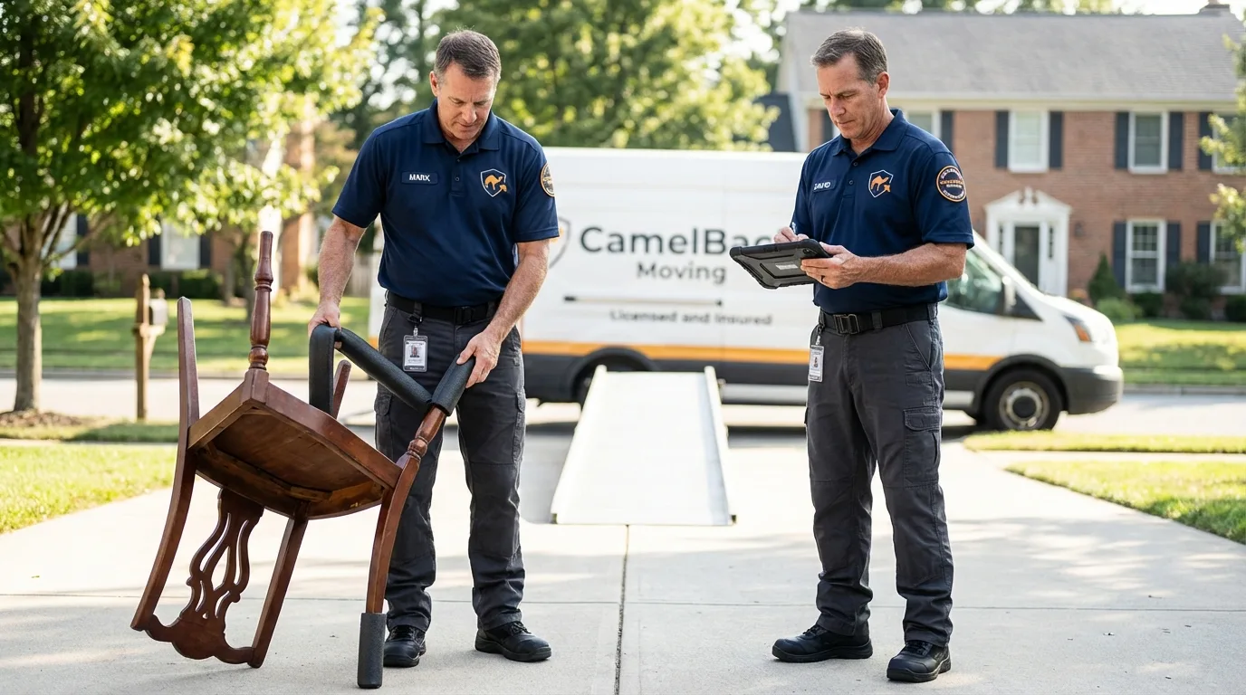 Movers inspecting furniture for damage prevention before loading in Lynnfield, MA