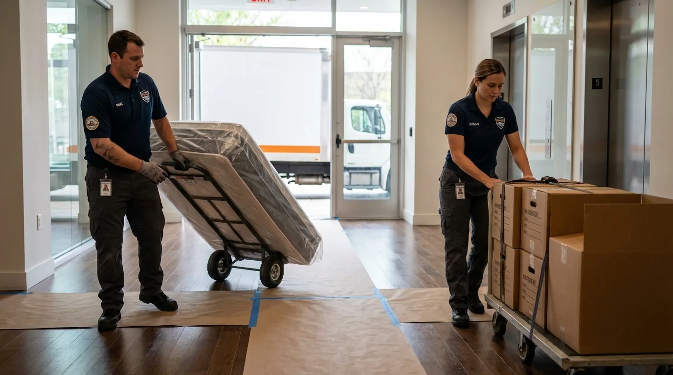 Professional apartment movers loading elevator in Lynnfield, MA