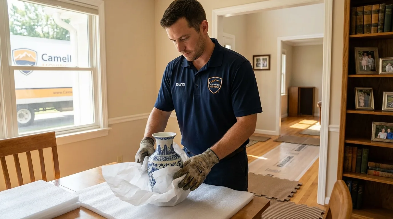 Professional crew carefully wrapping antique vase for senior downsizing move in Lynnfield, MA