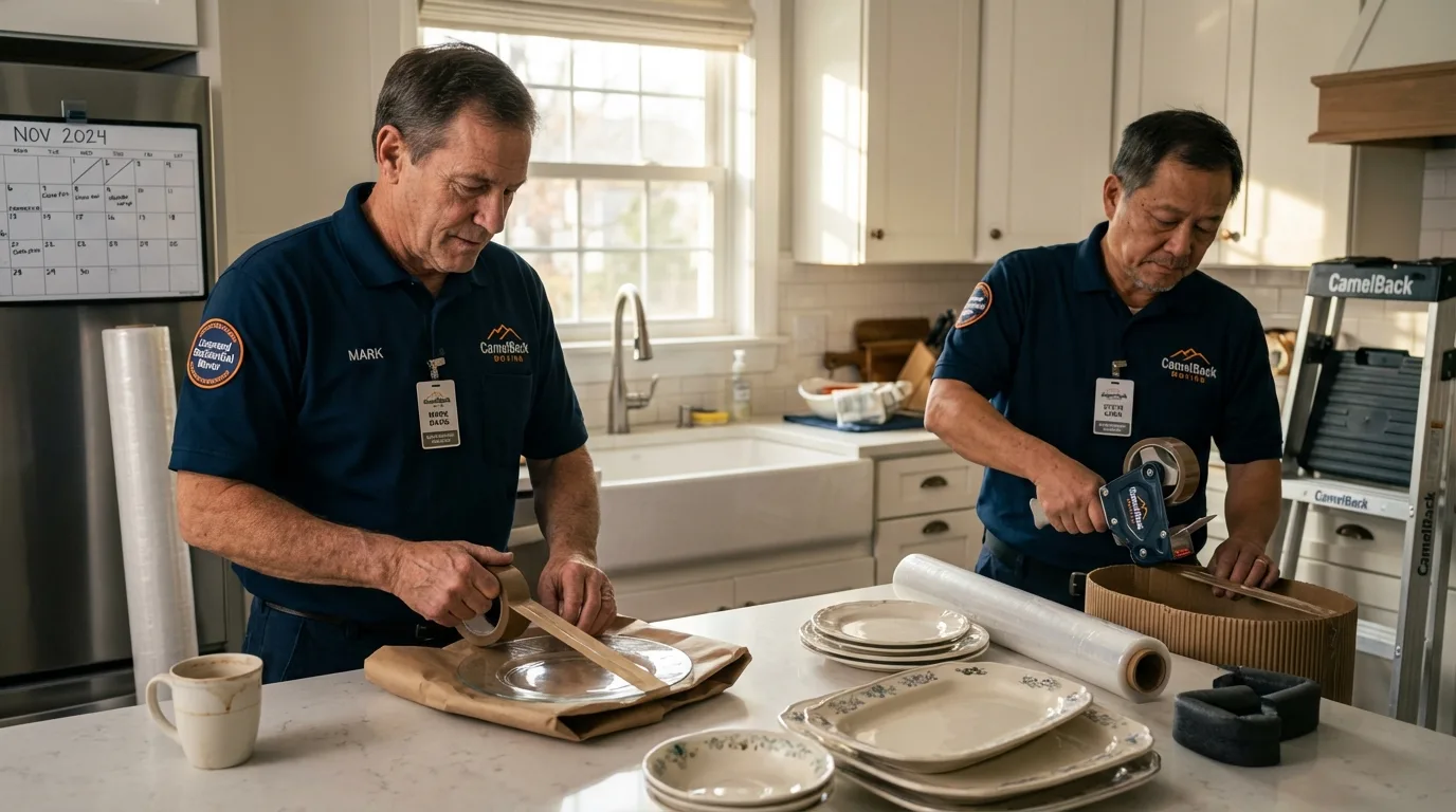 Professional crew packing kitchen dishware in Lynnfield, MA
